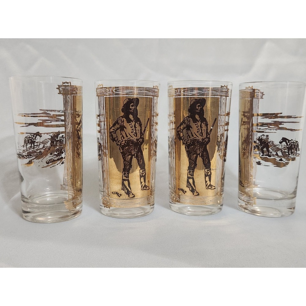Rare MCM Charles Russell Cowboy Western 24K Gold  Highball Glass EUC Set Of 4 - Picture 6 of 8